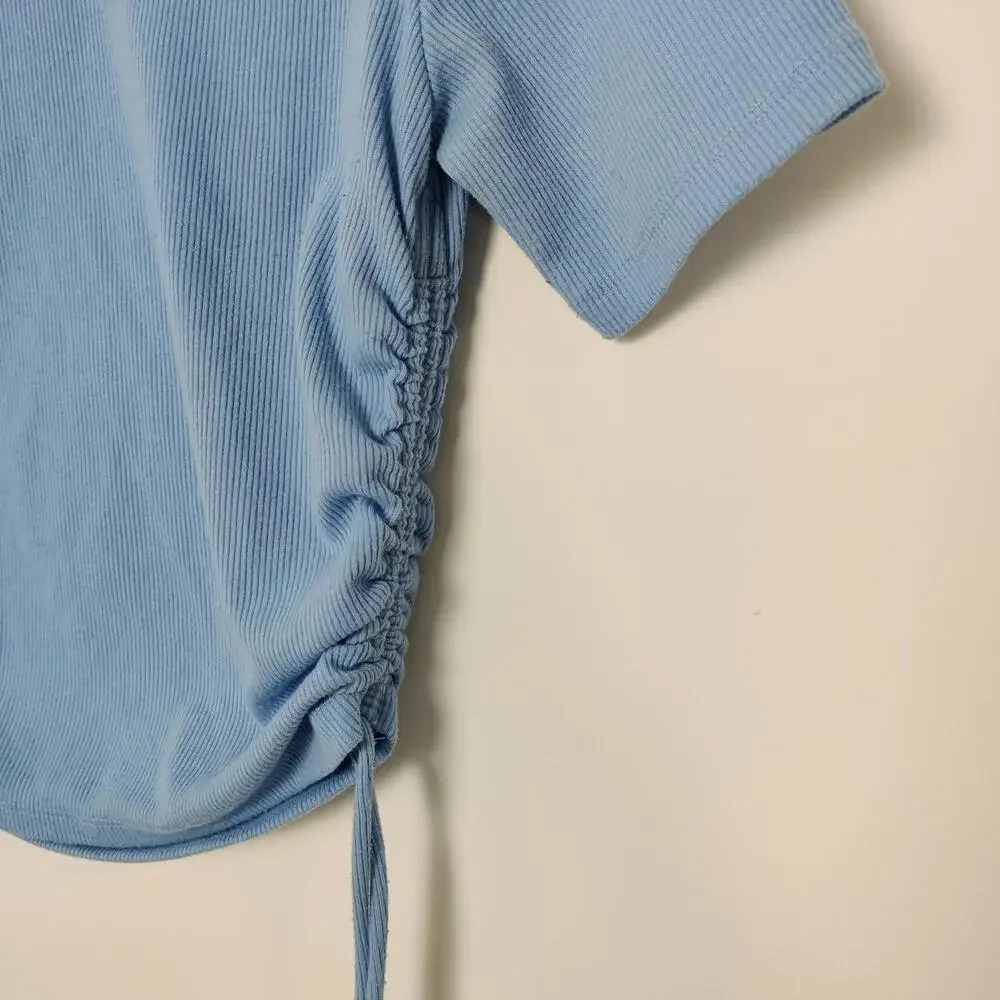Zara Blue Ribbed Ruched Side Drawstring Top Short Sleeve Size Medium - Picture 2 of 7